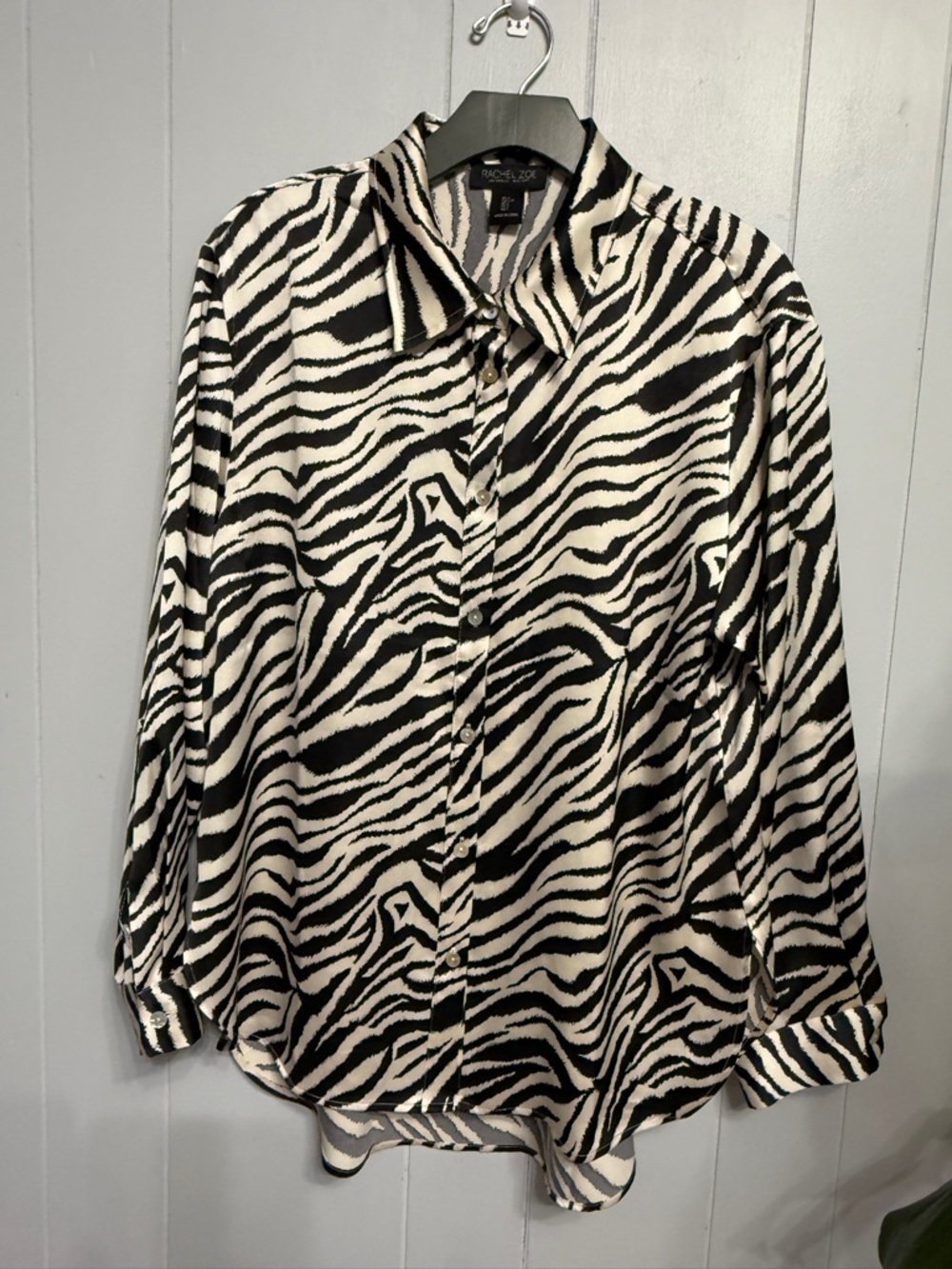 Rachel Zoe Black Cream Zebra Print Button Down Blouse L Soft Animal Print Top